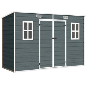 Abri de jardin en plastique  10 x 4 pieds, avec plancher, grandes fenêtres, portes verrouillables et aérations, pour outils, vélos, générateur, effet bois gris