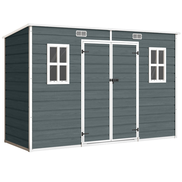 Abri de jardin en plastique  10 x 4 pieds, avec plancher, grandes fenêtres, portes verrouillables et aérations, pour outils, vélos, générateur, effet bois gris