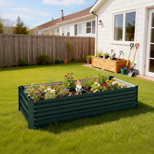 Jardinière rectangulaire potager de jardin bac à fleurs en acier avec bordure de sécurité et fond ouvert dim. 150L x 70l x 30H cm vert
