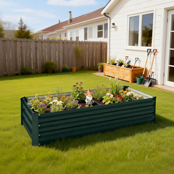 Jardinière rectangulaire potager de jardin bac à fleurs en acier avec bordure de sécurité et fond ouvert dim. 150L x 70l x 30H cm vert
