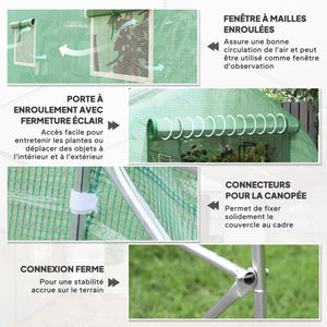 Serre tunnel de jardin 8m², serre de jardin tunnel 400x200x200cm avec 1 porte et 6 fenêtres, pour extérieur, toutes saisons, légumes, fruits, fleurs, bâche PE haute densité 140 g/m² vert