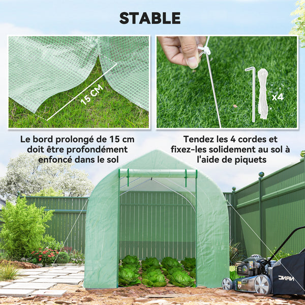 Serre tunnel de jardin 8m², serre de jardin tunnel 400x200x200cm avec 1 porte et 6 fenêtres, pour extérieur, toutes saisons, légumes, fruits, fleurs, bâche PE haute densité 140 g/m² vert