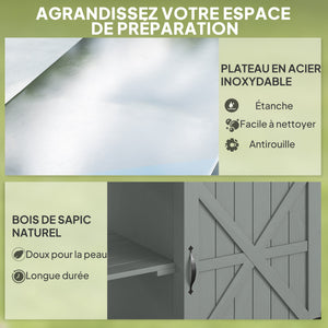 Desserte jardin chariot de barbecue sur roulettes îlot de cuisine en bois plateau en acier inoxydable placard étagères ouvertes porte-épices porte-serviettes décapsuleur 107x49,5x92,5cm gris