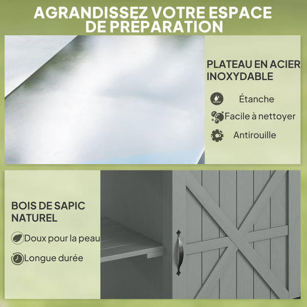 Desserte jardin chariot de barbecue sur roulettes îlot de cuisine en bois plateau en acier inoxydable placard étagères ouvertes porte-épices porte-serviettes décapsuleur 107x49,5x92,5cm gris