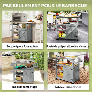 Desserte jardin chariot de barbecue sur roulettes îlot de cuisine en bois plateau en acier inoxydable placard étagères ouvertes porte-épices porte-serviettes décapsuleur 107x49,5x92,5cm gris