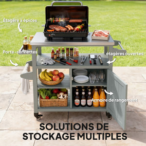 Desserte jardin chariot de barbecue sur roulettes îlot de cuisine en bois plateau en acier inoxydable placard étagères ouvertes porte-épices porte-serviettes décapsuleur 107x49,5x92,5cm gris