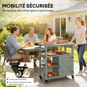 Desserte jardin chariot de barbecue sur roulettes îlot de cuisine en bois plateau en acier inoxydable placard étagères ouvertes porte-épices porte-serviettes décapsuleur 107x49,5x92,5cm gris