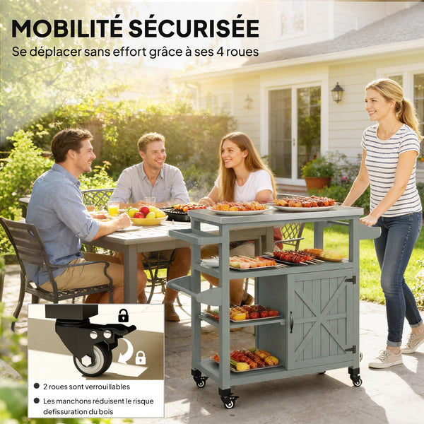Desserte jardin chariot de barbecue sur roulettes îlot de cuisine en bois plateau en acier inoxydable placard étagères ouvertes porte-épices porte-serviettes décapsuleur 107x49,5x92,5cm gris