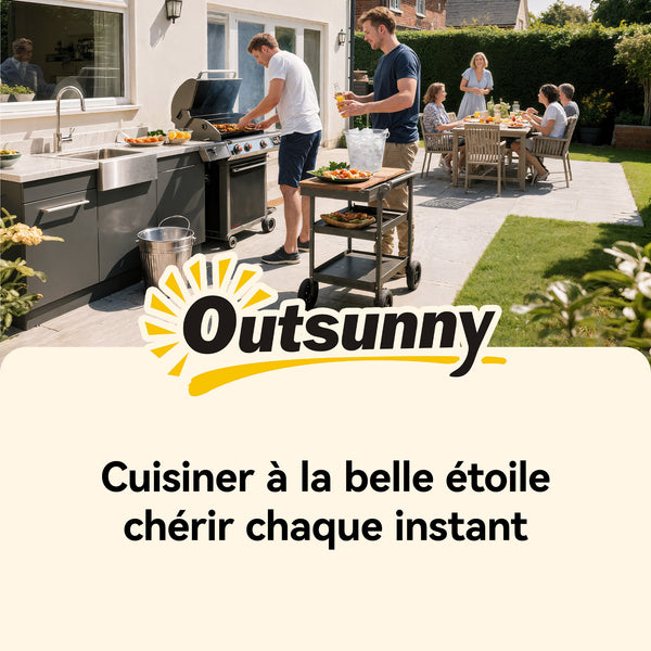 Desserte jardin chariot de barbecue sur roulettes îlot de cuisine en bois plateau en acier inoxydable placard étagères ouvertes porte-épices porte-serviettes décapsuleur 107x49,5x92,5cm gris