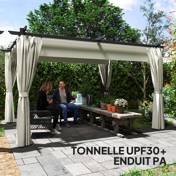 Pergola jardin exterieur 3 x 4 m pergola coulissante rétractable avec parois latérales, tonnelle de jardin, polyester haute densité 180g/m², abri soleil UPF30+, pour terrasse, patio, crème