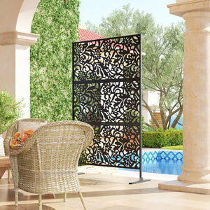 Panneau Brise Vue décoratif Extérieur Claustra Décoratif Jardin 3 Panneaux à motif floral paravent extérieur avec support en Acier galvanisé 122 x 45 x 198 cm, Noir