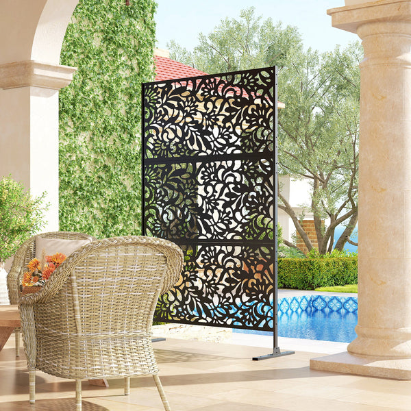 Panneau Brise Vue décoratif Extérieur Claustra Décoratif Jardin 3 Panneaux à motif floral paravent extérieur avec support en Acier galvanisé 122 x 45 x 198 cm, Noir