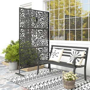 Panneau Brise Vue décoratif Extérieur Claustra Décoratif Jardin 3 Panneaux à motif floral paravent extérieur avec support en Acier galvanisé 122 x 45 x 198 cm, Noir