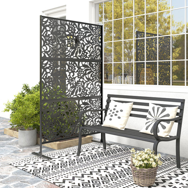 Panneau Brise Vue décoratif Extérieur Claustra Décoratif Jardin 3 Panneaux à motif floral paravent extérieur avec support en Acier galvanisé 122 x 45 x 198 cm, Noir