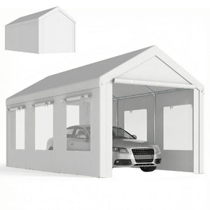 Abri de Voiture 3x6m Protection UV30+ Garage Mobile avec Hauteur Réglable - Tente de Garage avec 6 Fenêtres et Moustiquaire - Carport en Acier Galvanisé Ø37mm Robuste, Blanc