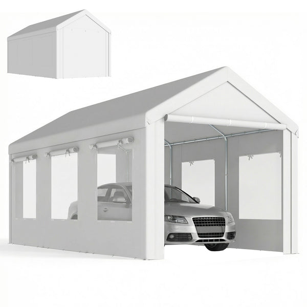 Abri de Voiture 3x6m Protection UV30+ Garage Mobile avec Hauteur Réglable - Tente de Garage avec 6 Fenêtres et Moustiquaire - Carport en Acier Galvanisé Ø37mm Robuste, Blanc