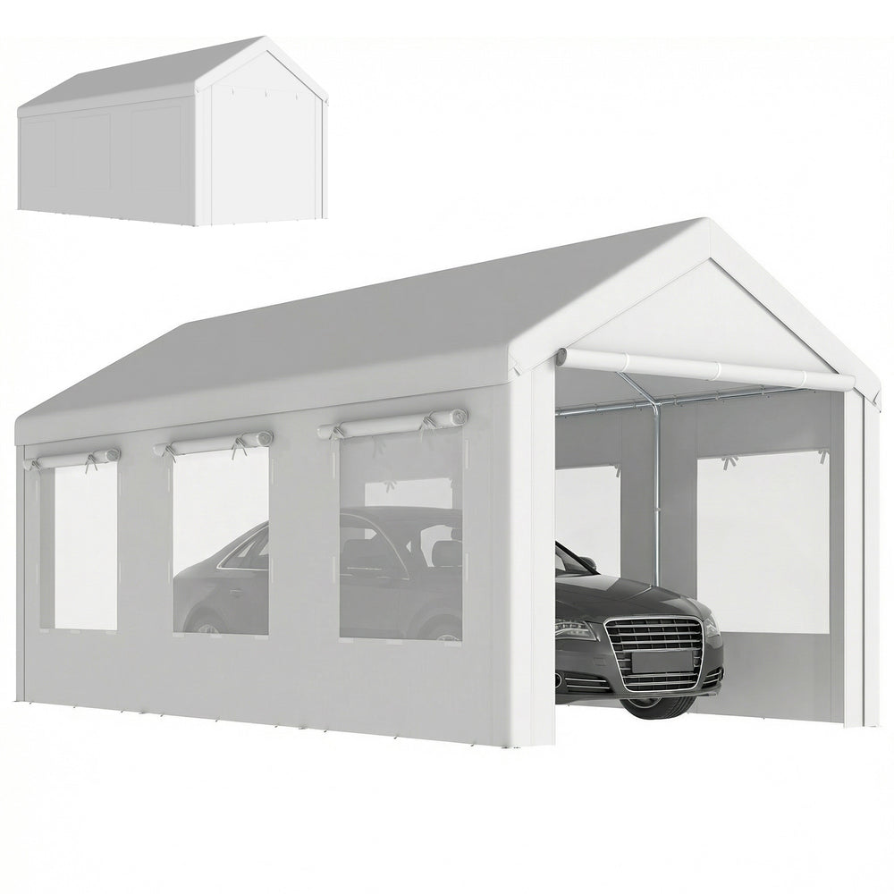 Abri de Voiture 3x6m Protection UV30+ Garage Mobile avec Hauteur Réglable - Tente de Garage avec 6 Fenêtres et Moustiquaire - Carport en Acier Galvanisé Ø37mm Robuste, Blanc
