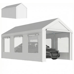 Abri de Voiture 3x6m Protection UV30+ Garage Mobile avec Hauteur Réglable - Tente de Garage avec 6 Fenêtres et Moustiquaire - Carport en Acier Galvanisé Ø37mm Robuste, Blanc