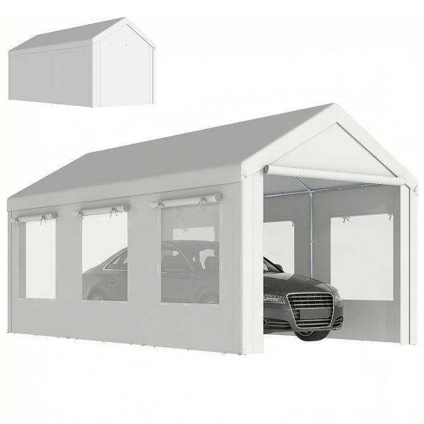 Abri de Voiture 3x6m Protection UV30+ Garage Mobile avec Hauteur Réglable - Tente de Garage avec 6 Fenêtres et Moustiquaire - Carport en Acier Galvanisé Ø37mm Robuste, Blanc