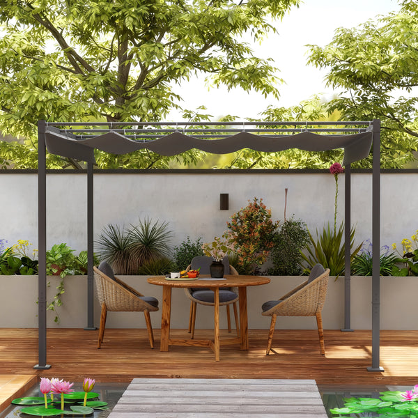Pergola Rétractable Coulissante 3 x 3 m, tonnelle de Jardin à fixation magnétique Tissu Polyester Haute densité 180g/m² résistant aux UV, pour patios, jardin, terrasse, arrière-cours, gris