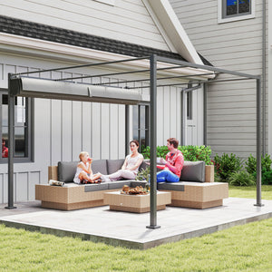 Pergola Rétractable Coulissante 3 x 3 m, tonnelle de Jardin à fixation magnétique Tissu Polyester Haute densité 180g/m² résistant aux UV, pour patios, jardin, terrasse, arrière-cours, gris