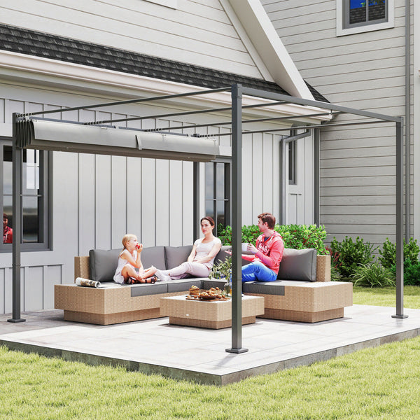 Pergola Rétractable Coulissante 3 x 3 m, tonnelle de Jardin à fixation magnétique Tissu Polyester Haute densité 180g/m² résistant aux UV, pour patios, jardin, terrasse, arrière-cours, gris