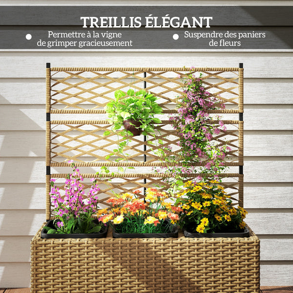 Jardinière pour plantes avec treillis 3 pots bacs à plante jardinière 33L jardin balcon patio terrasse extérieur en résine tressée et acier 84 x 30 x 107 cm sable noir