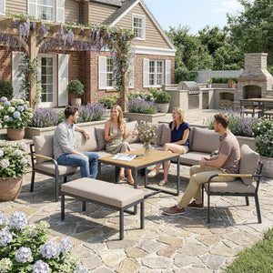 Salon de Jardin 7 Pièces - Ensemble Canapé d'Angle Extérieur Modulable avec Table en WPC et Pouf - Mobilier de Terrasse avec Coussins Épais et Accoudoirs en Résine Tressée, Beige et Gris