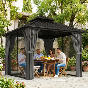 Pavillon 3 x 3 m avec Toit Rigide en Acier Galvanisé, Protection UPF50+, Cadre en Aluminium, Rideaux et Moustiquaire, Crochet de Plafond, Gris Foncé