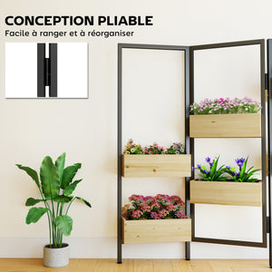 Séparateur de pièce avec 6 bacs à plantes, paravent extérieur pliable à 3 panneaux avec trou de drainage et doublure, pour l'intérieur et l'extérieur, patio, balcon, salon, bois naturel