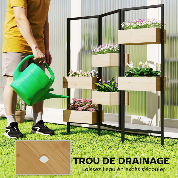 Séparateur de pièce avec 6 bacs à plantes, paravent extérieur pliable à 3 panneaux avec trou de drainage et doublure, pour l'intérieur et l'extérieur, patio, balcon, salon, bois naturel