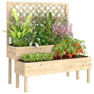 Jardinière à 2 Niveaux avec Treillis, bac à fleurs, lit surélevé avec tissu non tissé, pour plantes grimpantes, légumes, bois, intérieur et extérieur, 108 x 62 x 120 cm effet bois naturelle