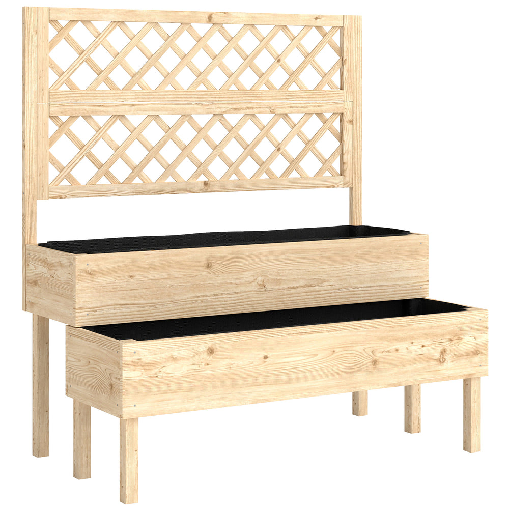Jardinière à 2 Niveaux avec Treillis, bac à fleurs, lit surélevé avec tissu non tissé, pour plantes grimpantes, légumes, bois, intérieur et extérieur, 108 x 62 x 120 cm effet bois naturelle