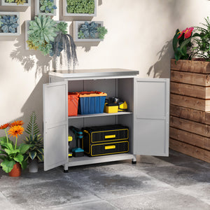 Armoire de jardin en bois résistante aux intempéries avec plan de travail, double porte, étagère, armoire de rangement polyvalente pour jardin, terrasse 79 x 43 x 92 cm Gris