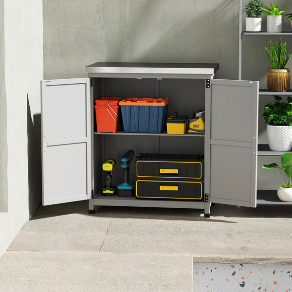 Armoire de jardin en bois résistante aux intempéries avec plan de travail, double porte, étagère, armoire de rangement polyvalente pour jardin, terrasse 79 x 43 x 92 cm Gris