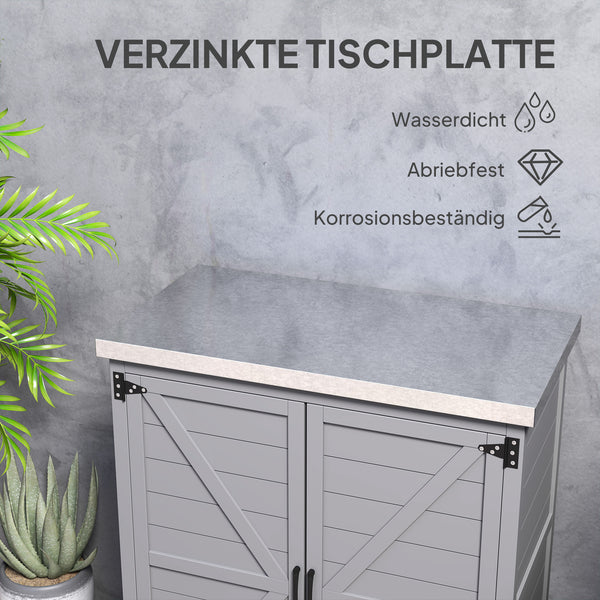 Armoire de jardin en bois résistante aux intempéries avec plan de travail, double porte, étagère, armoire de rangement polyvalente pour jardin, terrasse 79 x 43 x 92 cm Gris