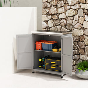 Armoire de jardin en bois résistante aux intempéries avec plan de travail, double porte, étagère, armoire de rangement polyvalente pour jardin, terrasse 79 x 43 x 92 cm Gris