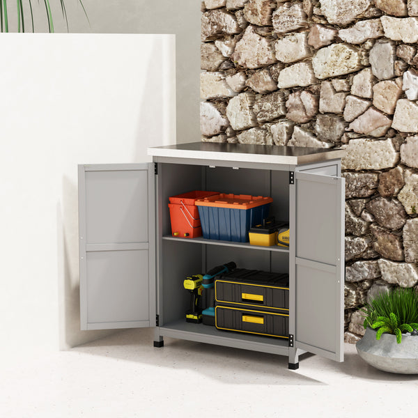Armoire de jardin en bois résistante aux intempéries avec plan de travail, double porte, étagère, armoire de rangement polyvalente pour jardin, terrasse 79 x 43 x 92 cm Gris