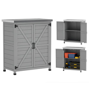 Armoire de jardin en bois résistante aux intempéries avec plan de travail, double porte, étagère, armoire de rangement polyvalente pour jardin, terrasse 79 x 43 x 92 cm Gris