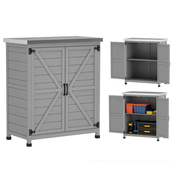Armoire de jardin en bois résistante aux intempéries avec plan de travail, double porte, étagère, armoire de rangement polyvalente pour jardin, terrasse 79 x 43 x 92 cm Gris