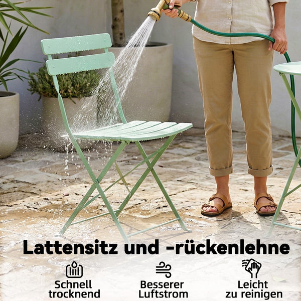 Ensemble bistro de jardin 3 pièces pliable - Table bistrot et 2 chaises à lames, pieds doubles en X, résistant à la rouille - Ensemble balcon extérieur Vert