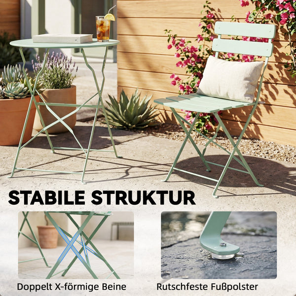 Ensemble bistro de jardin 3 pièces pliable - Table bistrot et 2 chaises à lames, pieds doubles en X, résistant à la rouille - Ensemble balcon extérieur Vert