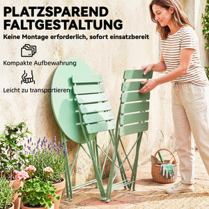 Ensemble bistro de jardin 3 pièces pliable - Table bistrot et 2 chaises à lames, pieds doubles en X, résistant à la rouille - Ensemble balcon extérieur Vert