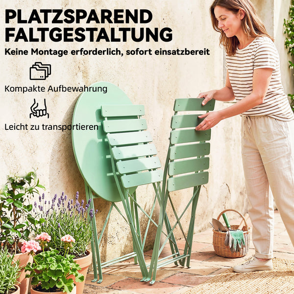 Ensemble bistro de jardin 3 pièces pliable - Table bistrot et 2 chaises à lames, pieds doubles en X, résistant à la rouille - Ensemble balcon extérieur Vert
