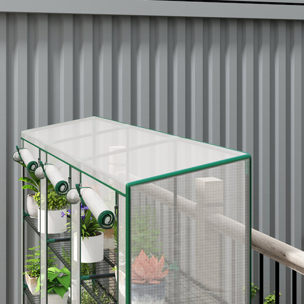 Serre de jardin PE avec étagères 3 niveaux, serre de balcon, bâche renforcée 140 g/m², châssis en acier, 2 portes zippées enroulables pour légumes plantes fleurs 215x46x151cm blanc