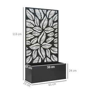 Jardinière avec treillis, brise-vue paravent, jardinière extérieure métal sur pieds ou murale, motifs de feuilles ajourée, bac à fleurs rectangulaire balcon terrasse patio, 61x23x113 cm, noir