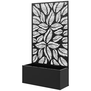 Jardinière avec treillis, brise-vue paravent, jardinière extérieure métal sur pieds ou murale, motifs de feuilles ajourée, bac à fleurs rectangulaire balcon terrasse patio, 61x23x113 cm, noir