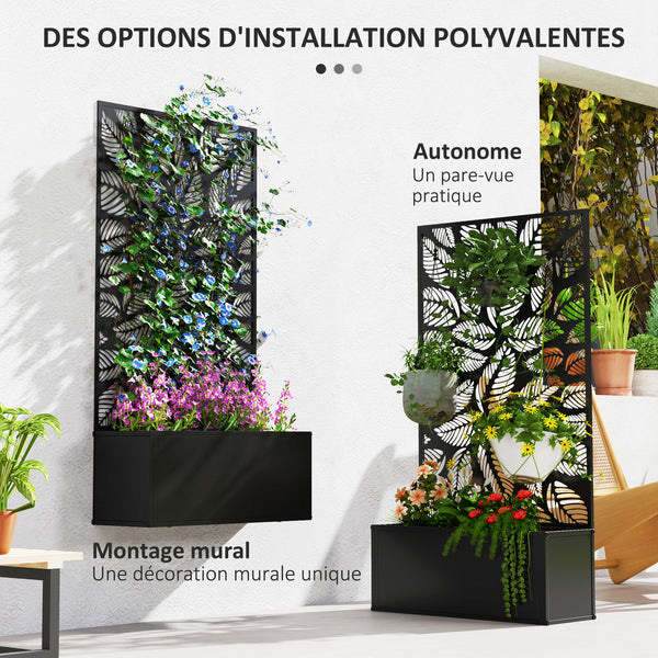 Jardinière avec treillis, brise-vue paravent, jardinière extérieure métal sur pieds ou murale, motifs de feuilles ajourée, bac à fleurs rectangulaire balcon terrasse patio, 61x23x113 cm, noir