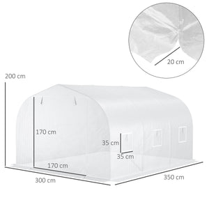 Serre de jardin serre tunnel de Jardin dim. 3,5L x 3l x 2H m Porte + 6 fenêtres enroulables Acier galvanisé bâche PE Haute densité Blanc