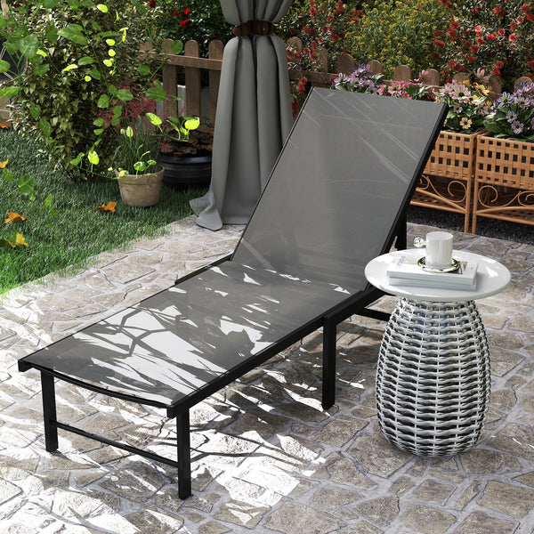 Bain de soleil, chaise longue jardin extérieur, dossier inclinable sur 5 positions, transat avec assise en textilène, structure en acier pour terrasse et plage, gris